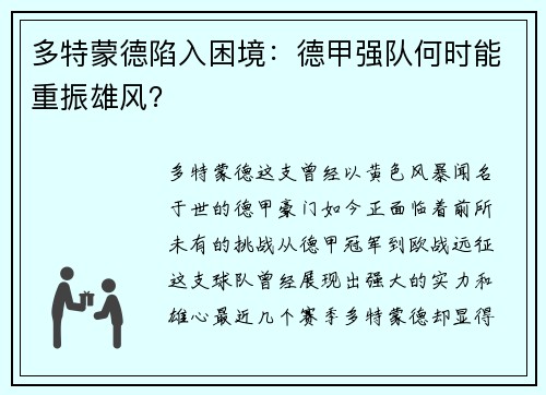 多特蒙德陷入困境：德甲强队何时能重振雄风？